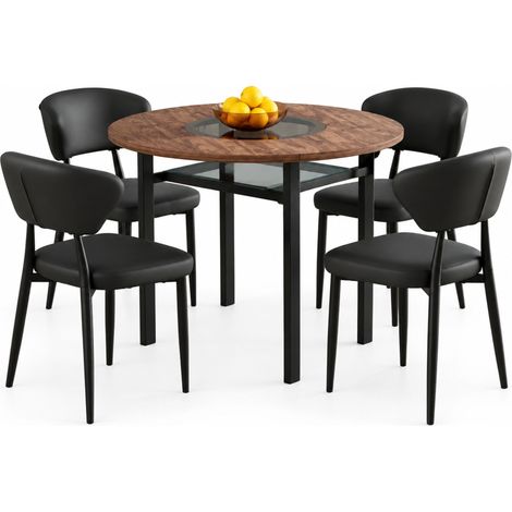 ELVMI Ensemble Table et Chaises avec 1 Table Ronde et 4 Chaises, Verre, Métal et Similicuir, Marron et Noir (1/5)
