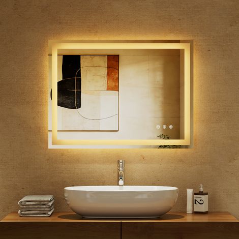 Miroir de salle de bain LED, miroir lumineux 70 x 50 cm, miroir cosmétique LED sans cadre, sans cadre, antibuée, IP67, avec interrupteur tactile 3 couleurs et intensité variable