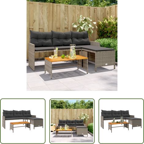 Gartentisch - Gartensofa in L-Form mit Tisch und Kissen Grau Poly Rattan (1/5)