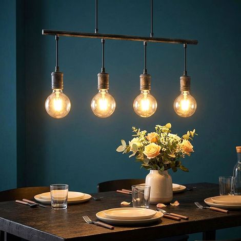 Lampada a sospensione, lampada da tavolo da pranzo, lampada a sospensione industriale, soggiorno, 4 luci, metallo grigio antico, 4x E27, LxH 90x120 cm (1/5)