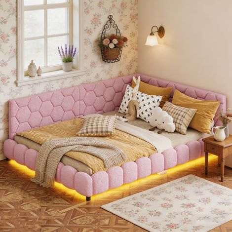 Lit 140 x 200, lit adulte 140x200cm, cadre de lit, avec LED et port USB, Canapé lit, Rose, imitation laine