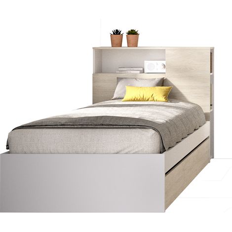 Tête de lit + structure de lit avec 1 tiroir en bois coloris chêne naturel, blanc -Longueur 218 x Profondeur 97,50 x Hauteur 95 cm (1/3)