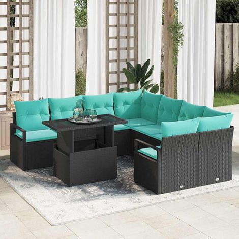 Ensemble Canapé de Jardin Modulable 9 Pièces en Polyrotin avec Table Noir et Bleu - PANGIVO (1/5)