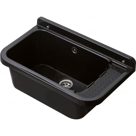 Fregadero de pared para exterior de 60 x 34 cm con rebosadero – Negro – Jardín y garaje – Kit de montaje y desagüe – Negrari (1/5)