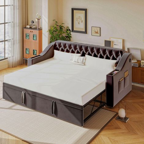 Letto bambini 90x200 cm con letto aggiuntivo 90x190 cm, vano portaoggetti, rete a doghe e porta USB, rivestimento in velluto, grigio scuro, senza materasso (1/5)