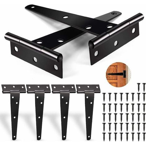 6 bisagras en T resistentes, color negro, capacidad de peso de 25 kg, plegables con 42 tornillos, para puertas, ventanas y cobertizos de jardín. (1/5)