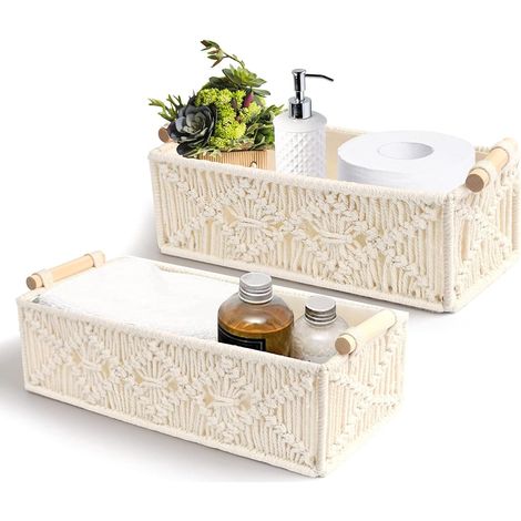 Panier de Rangement en Tissu Tressé (Ivoire), Lot de 2, avec Anse et Franges Dentelle, Décor Bohème pour Salle de Bain, Organiseur pour Toilettes et Étagères, Corbeille Blanche pour Cadeau (1/5)