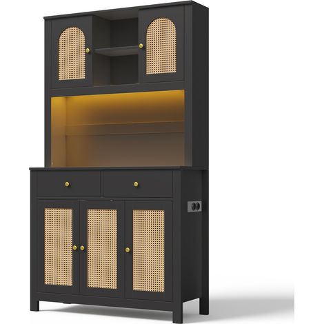 Hoher Küchenschrank aus schwarzem MDF mit Rattantüren, RGB-LED, Steckdose und 2 Schubladen (1/5)