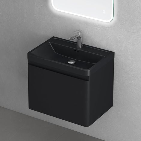 doporro Mobile Bagno Sospeso60x42x50cm, Mobile da Bagno con Cassetto Include Lavabo, Nero opaco, Seria BC013-Lackier (1/5)
