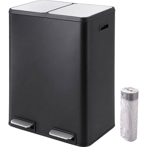 Relaxdays cubo de basura, 2 compartimentos, 2x30 l, cubos extraíbles, Softclose, pedal, acero inoxidable, cocina, negro (1/5)
