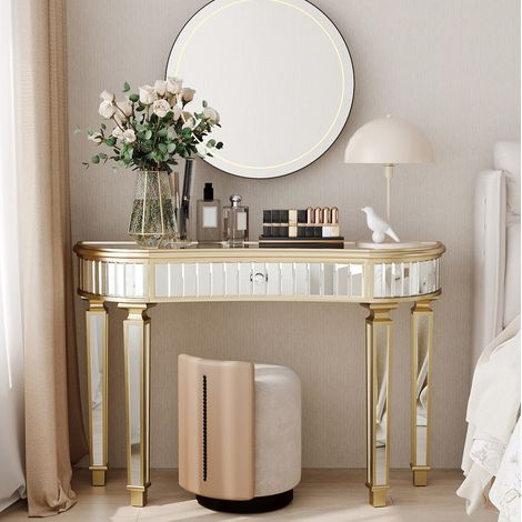 Mesa consola semicircular de 120 cm espejada con cajón y tirador cristal, dorado y plateado (1/5)
