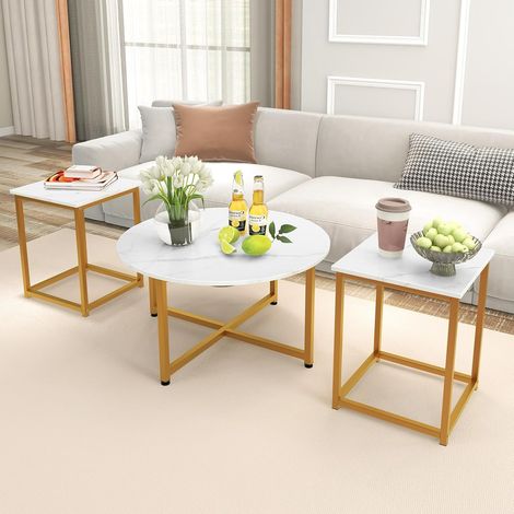 COSTWAY 3er Set Couchtisch, Beistelltisch Metallrahmen, 1 runder Kaffeetisch & 2 quadratische Tische, moderner Wohnzimmertisch Kaffeetisch, Satztisch für Wohnzimmer Schlafzimmer Weiß (1/5)