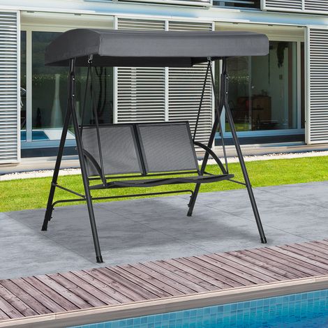 2-Sitzer-Gartenschaukel mit verstellbarem Dach und Stahlrahmen, Sitze aus Textilene, 140 x 118 x 162 cm, Dunkelgrau