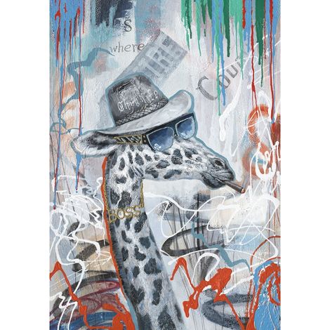Tableau peinture girafe qui fume 100 x 70 cm style Urbain - The Boss (1/2)