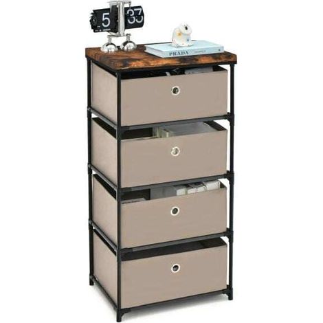 Style rustique, commode de rangement 4 tiroirs en tissu non tissé, pliable, pour chambre, salon ou entrée (1/5)