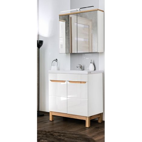 Badmöbel Waschplatz Set mit 80cm Waschtisch & LED-Spiegelschrank SOLNA-56 in Hochglanz weiß, B/H/T ca.: 80/200/46 cm (1/5)