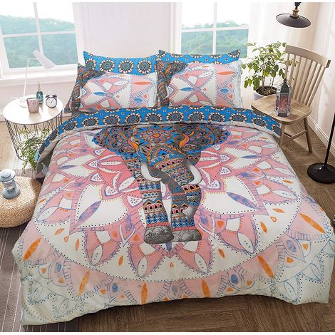 Housse de couette réversible avec motif d’éléphant et de Mandala - Entretien facile, Tissus doux et hypoallergéniques - avec taies d’oreiller, Coton Polyester, rose/bleu, King (1/5)