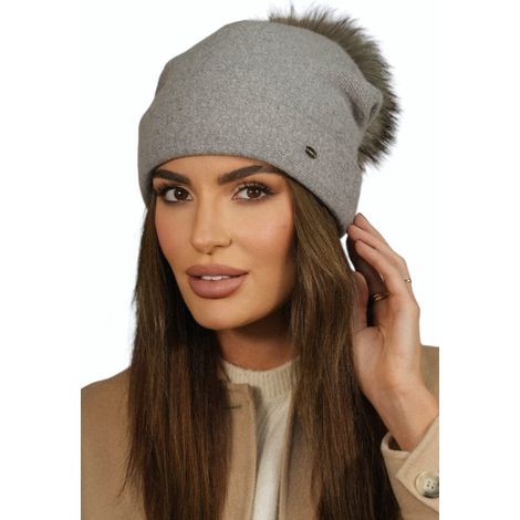 Bonnet d'hiver en laine pour femme, gris clair, Kamea-Chiru, pompon naturel