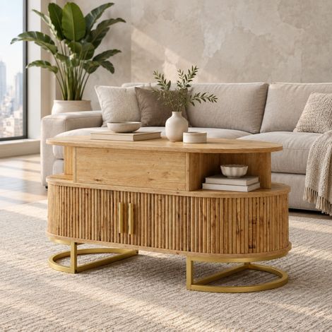 Mesa de centro ovalada elevable con almacenaje 100 x 50 x 64 cm, MDF natural y acero (1/5)