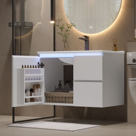 Meuble sous vasque mural 76x46x50cm laqué blanc, lavabo intégré, rangement 2 tiroirs à fermeture amortie, éclairage LED détecteur radar, étagères latérales, blanc. (1/5)