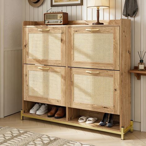 Meuble à Chaussures - 4 Abattants - Bois et Rotin - Scandinave Épuré - Entrée et Couloir - Rangement 20 Paires (1/5)