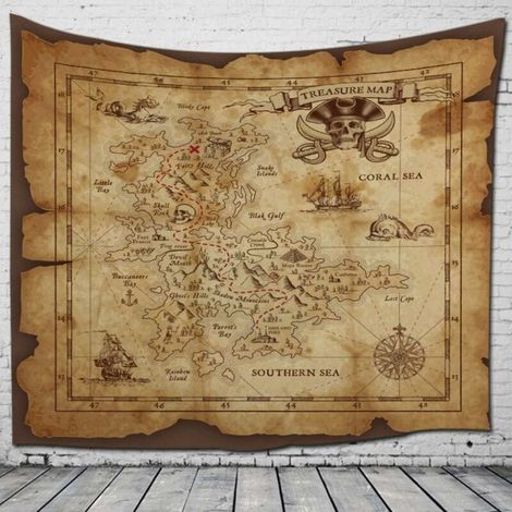 Vintage Pirate Map Wall Tapestry 3 D Printed Fabric,Indian Bohemian Hippie Trippy Large Large Modern Homes Wall Decor For Man Living Room Bedroom Office,150X200 Cm (1/2)