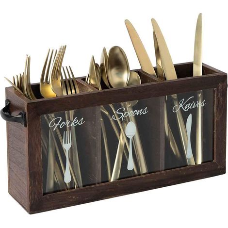 Panier à couverts en bois marron foncé avec couteau, fourchette et cuillère (1/5)