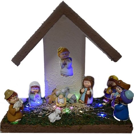 Capanna completa con natività pastori prato luci stella cometa moderna in legno sacra famiglia decorazioni casa albero di natale - decoro: Capanna con solo luci e stella (1/5)