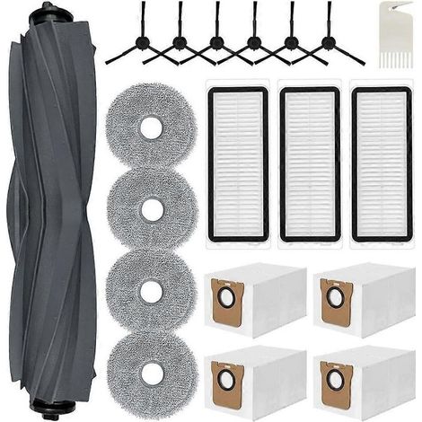 Kit d'accessoires pour aspirateur robot Dreame L20 Ultra : pièces de rechange, brosse principale, filtres HEPA, lingette de nettoyage et sacs à poussière.