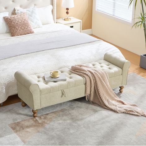 Banquette de rangement à 2 couvercles, banc coffre avec accoudoirs roulés, pour entrée et chambre, chenille beige foncé (1/5)