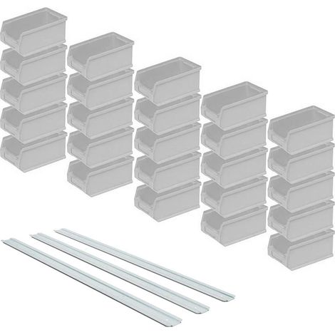 BRB Set - 25x Sichtstapelkästen Profi LB5, grau, Inhalt 0,85 Liter, LxBxH 175x100x75 mm inkl. 3 verz. Wand-Aufhängeschienen (1/2)