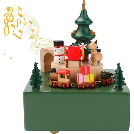 RHG Boîte à musique de Noël,  Boîte à musique vintage avec train de rotation Mécanisme sculpté en bois Artisanat musical Boîte musique en bois Bonhomme de neige Elk Décoration de Noël Boîte musique
