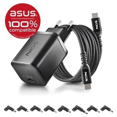 Cargador GaN de Portátil NGS BUD65W-AS para Asus/ 1xUSB Tipo-C/ 65W/ Automático/ 8 Conectores/ Voltaje 5-20V