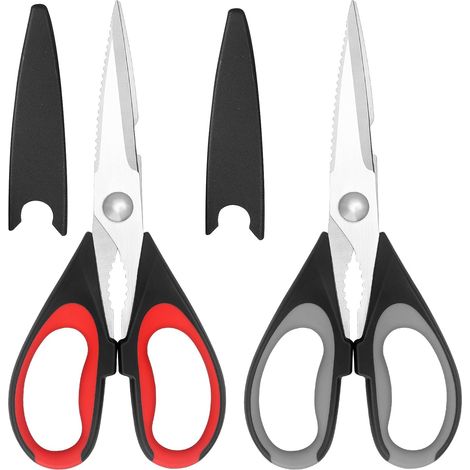 Lot de 2 paires de ciseaux de cuisine en acier inoxydable avec housse de sécurité - Poignée souple - Multi-usages - Robustes - Rouge/gris (1/5)