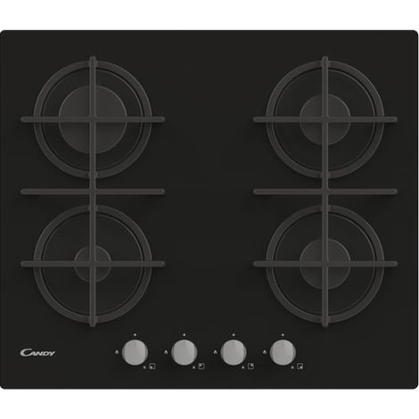 Candy – Plaque de cuisson gaz 4 foyers – Puissance 7200 watts – Verre trempé noir – Grilles en fonte pour cuisson efficace - CDK6KB (1/5)