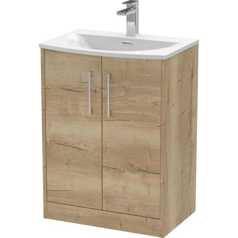Winshill Contemporary 2 Door Floor Standing Vanity Unit with Curved Basin, Light Oak, 600mm