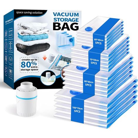 Sac Sous Vide Vetement Aspirateur avec Pompe,20 Pièces Sac Rangement Sous Vide(5XL+5L+5M+3S)-Optimisez l'espace de Votre dressing - s pour Literie Vêtements Matelas Couettes Oreillers (1/5)