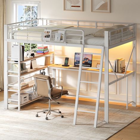 Cama alta 140x200 cm con escritorio, estanterías, cesta de almacenaje y LED, estructura de metal, blanco (1/5)