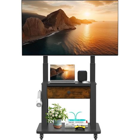 Support TV Roulant avec tiroir de Rangement en Tissu pour écran Plat/incurvé de 32 à 75 Pouces jusqu'à 100 kg LCD/LED/OLED Hauteur réglable Chariot TV Mobile avec Roues pour la Maison, Le Bureau et (1/5)