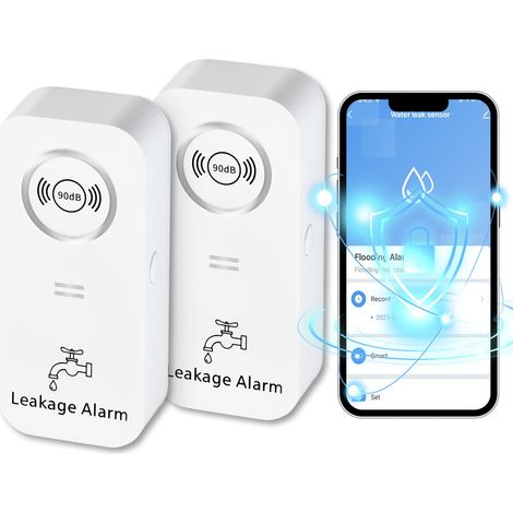 WiFi-Wassermelder (2,4 G WiFi), 90 dB Wassersensor und App-Alarm, kabelloser Wasseralarm, für Rohre, Schlafzimmer, Küche, Badezimmer, Keller (2 Stück)