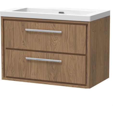 Longnor 2 Drawer Wall Hung Vanity Unit with 1 Tap Hole Modern Fireclay Basin, Antique Oak, 800mm