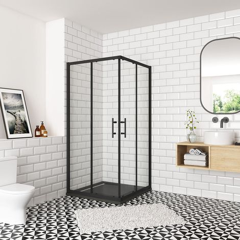 Ocean Sanitaire – Cabine de douche 90x90x200cm – Verre trempé 6mm anticalcaire – Profilé aluminium noir mat – Installation angle, ouverture coulissante silencieuse (1/5)