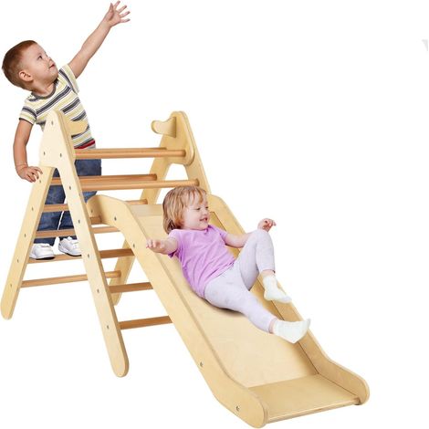 GOPLUS 2 en 1 Triangle Escalade Montessori Enfants avec Rampe, Toboggan, Échelle Escalade,Jeux Montessori 1 Ans+ Charge 60KG,Aire de Jeux pour Bébé et Tout-Petit(Naturel) (1/5)