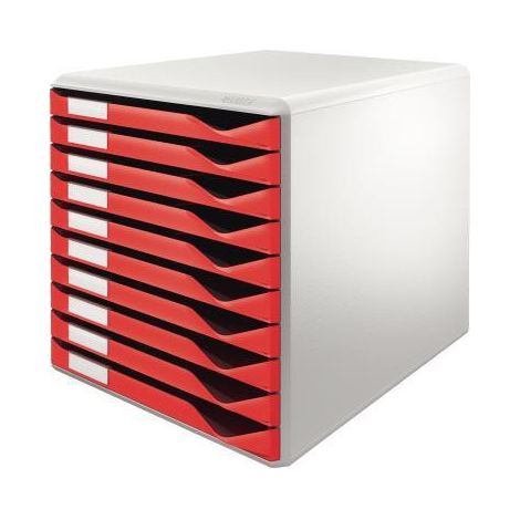 Schubladenbox 10 Schubladen DIN A4 Überbreite Polystyrol Gehäusefarbe: lichtgrau Farbe der Schublade: rot (1/3)