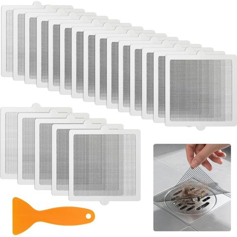 20 Pièces Attrape Cheveux Douche Autocollant Jetable, 15 × 15cm Autocollants Jetables pour Canalisations de, Attrape Cheveux Couche en Maille Filtre pour Salle de Bains, évier de Cuisine, Lavabo (1/5)