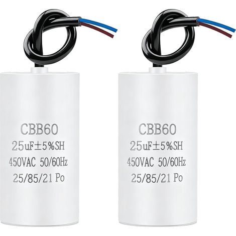 2 Pièces CBB60 25µF 450V AC Condensateur, Condensateur de Démarrage Moteur 450V 50/60Hz, Condensateurs Microfarad avec Fils, Auto-guérison Film Polypropylène, Boîtier Cylindre 70×38mm pour Pompe (1/5)