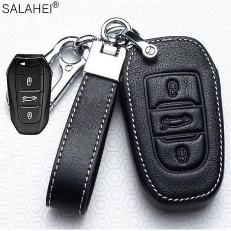 Coque clé,Voiture en cuir À Distance Etui Clés Support Protéger Pour Peugeot 208 207 300 301 308 308S 408 2008 3008 - Type E-black (1/4)