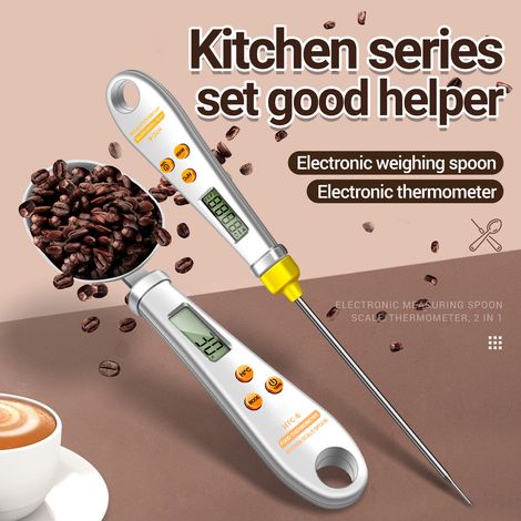 ANENG HTC-6 Cuillère Doseuse Électronique 2-en-1 avec Thermomètre Sonde Inox 304 LCD Unités g/oz/lb Écran Numérique Cuisine CR2032 Noir ou Blanc (1/4)