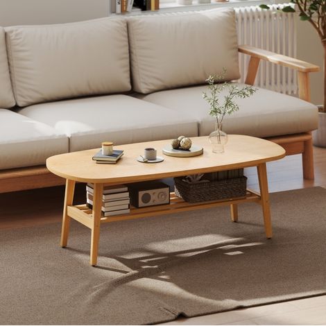 Tavolino ovale con ripiano contenitore 120 x 60 x 42 cm, finitura legno naturale DESVIAE (1/5)