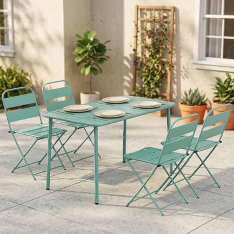Ensemble de salle à manger d'extérieur 5 pièces vert clair ensemble de jardin pour 4 personnes avec plateau à lattes et chaises pliantes